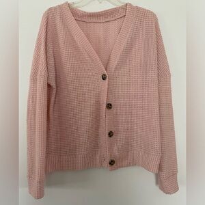 Soft Waffle Knit Pink Button-Front Sweater Cardigan. Size Medium